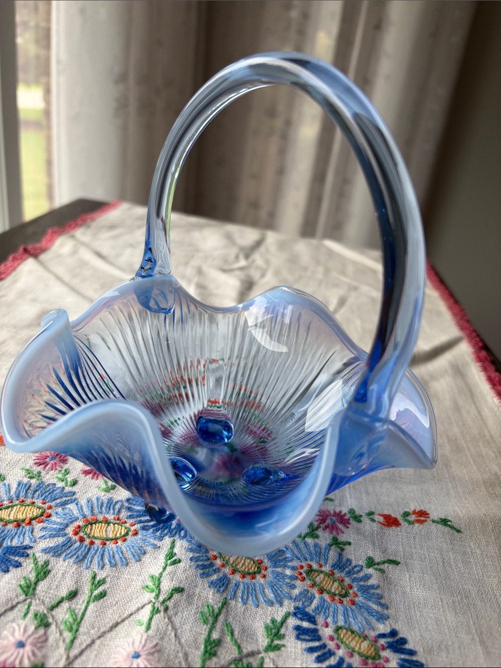 Blue Handblown Glass Basket - Elegant Decorative Women Bag Accent